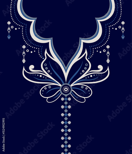 Elegant floral collar motif in Indigo Twilight tones with ethnic and ornamental accents. Ideal for fashion embroidery, textile prints, and folk-inspired apparel design.