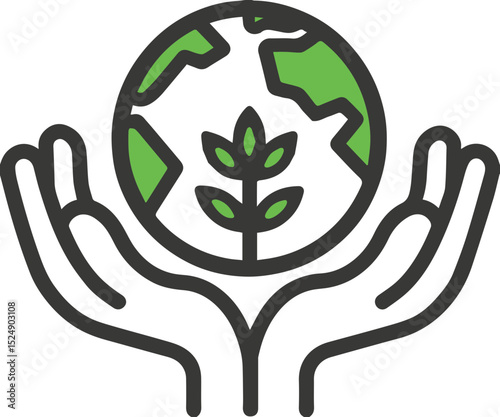 Hands holding earth icon with leaf representing sustainability