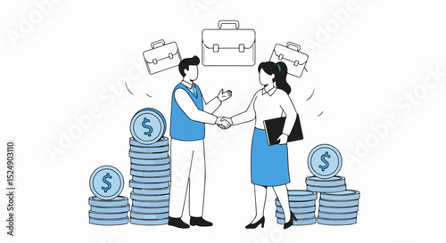 Clean and modern vector illustration featuring two simplified figures shaking hands across stacks of coins, symbolizing a business deal, financial agreement, or partnership.