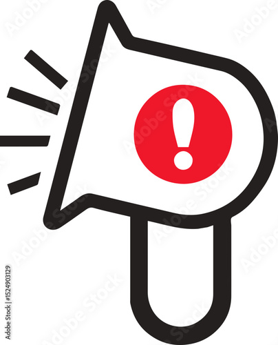 Megaphone icon with red alert mark and bold black outline