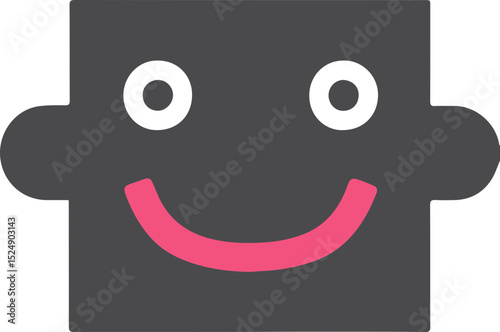 Smiling face icon in black with pink mouth and white eyes