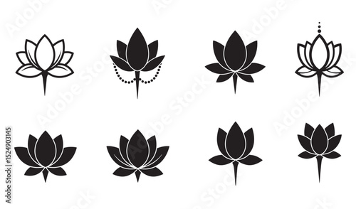 Elegant lotus flower silhouette designs in black for logo and decorative applications
