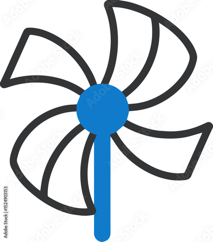 Fan icon with curved blades and blue center in outline style