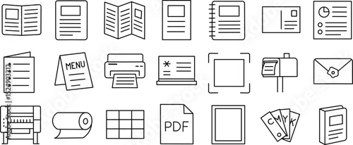 Document and Printing Line Icon Set. Vector pictograms of files, print tools, envelopes, menu, reports, PDFs, brochures, and paper materials in linear style.