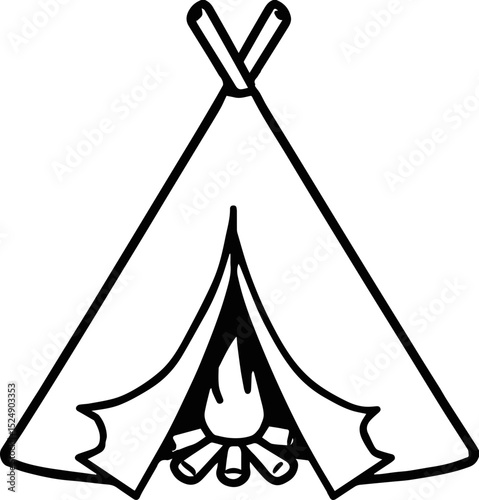 Camping tent icon with campfire in black outline style