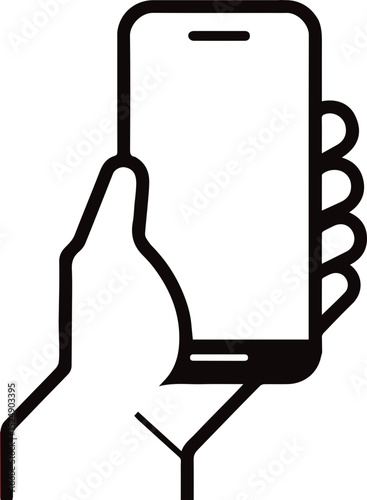 Hand holding smartphone icon in black outline style