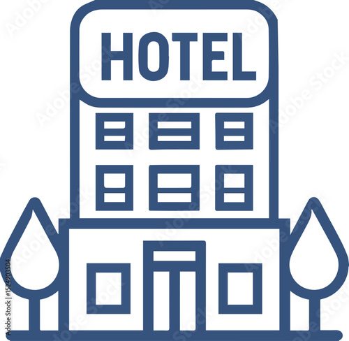 Hotel building icon in outline style with stars and tree