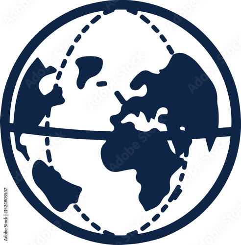 Globe icon in navy with meridian lines and continents