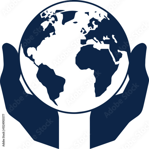 Globe icon held by hands representing global care and unity