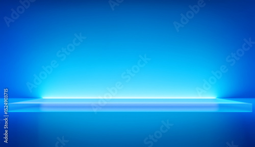 Blue neon light on glossy floor in dark space