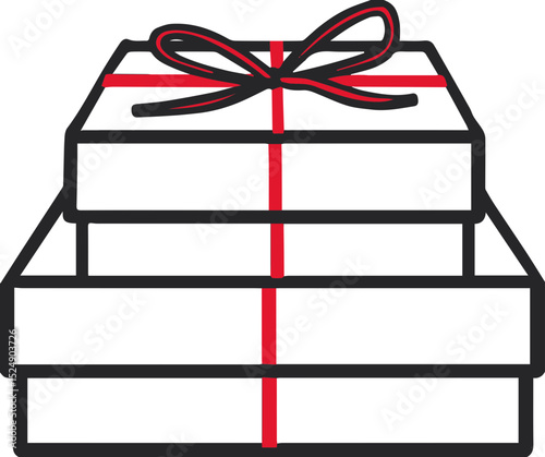 Stacked gift boxes icon with red ribbons in outline style