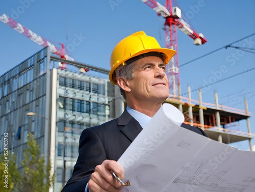 Portrait of a professional architect or construction engineer wearing a hard hat on a building site, Portrait of an engineer.