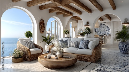 ethnic coastal aesthetic living room with serene ocean backdrop high resolution image