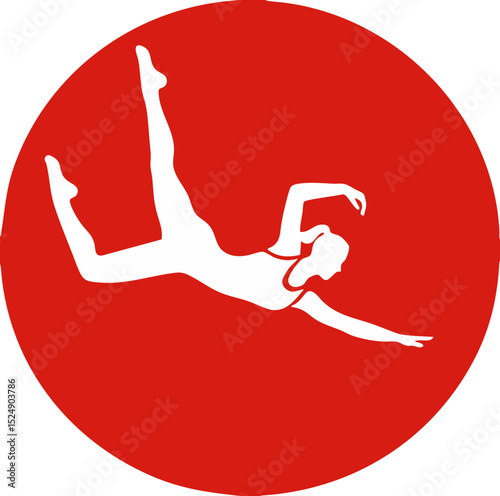 Red circular background with acrobat in dynamic falling pose