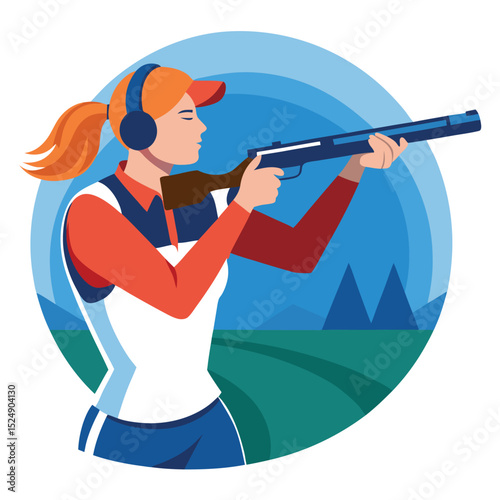 Woman with a Shotgun on a Shooting Range Aiming at a Target