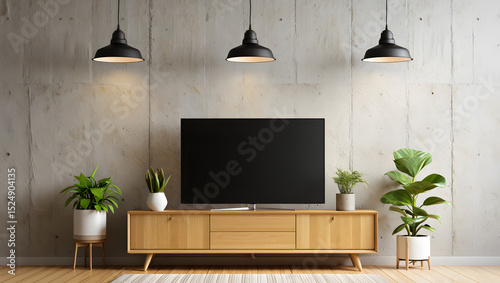 Modern living room interior with a flat screen TV on a cabinet, comfortable furniture, and a warm wooden floor, Modern living room, Modern interior design.
