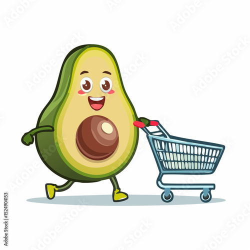 A cartoon avocado with facial features and limbs, looking thrilled while pushing a shopping cart, depicted in minimalist vector style-generative AI