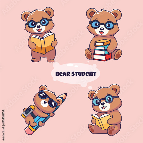 Set of cute cartoon bear student character with different expressions. Vector illustration.