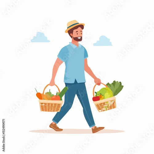 A walking young man cartoon with arms and legs, carrying a grocery basket full of fruits, simple flat vector style, pastel colors-generative AI