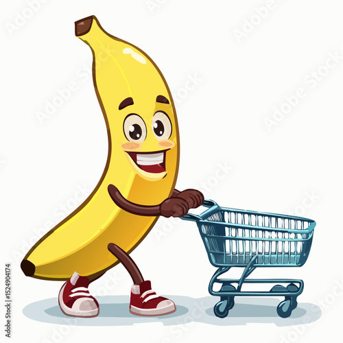 A banana character with expressive eyes and limbs pushing a small grocery cart, joyful expression, clean vector cartoon design-generative AI