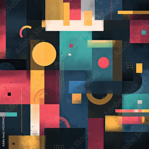 Abstract geometric artwork with vibrant colors and textured shapes