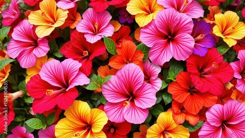 Vibrant hibiscus flowers in a profusion of colors