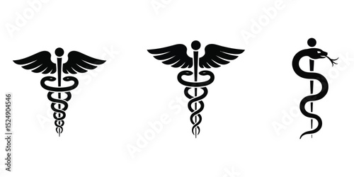 medical and pharmaceutical icons set with star of life, bowl of hygieia, caduceus, rod of asclepius, and pharmacy cross for healthcare marketing, digital design, and education

