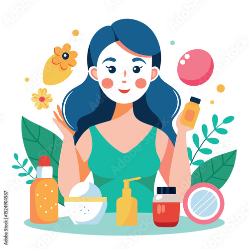 Woman with Facial Mask Surrounded by Skincare Products for Beauty Routine