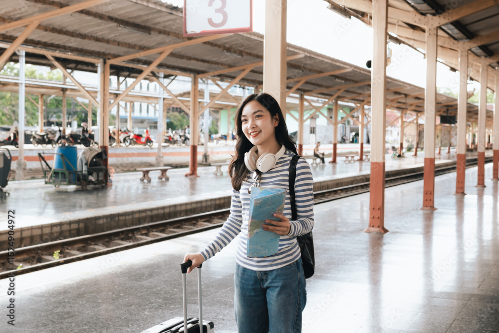 Fototapeta premium Asian woman sitting at a railroad station with backpack, using mobile phone and laptop, waiting for train, enjoying travel lifestyle.