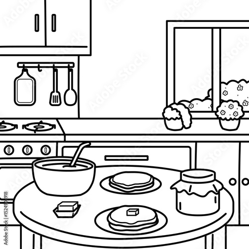Simple Kitchen Scene With Pancake for Coloring Book