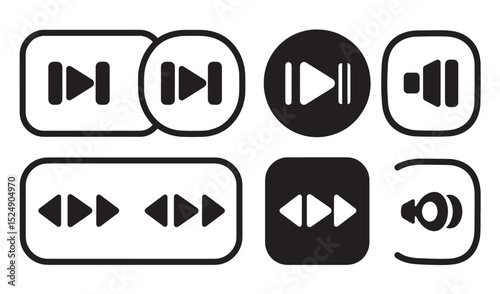 Black and white multimedia controls for playback and audio volume silhouette icons