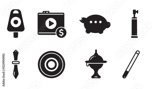 Collection of eight black silhouette icons representing various objects and concepts.