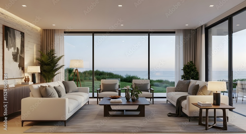 Fototapeta premium Living Room with Ocean View Furniture and Design