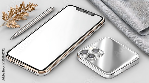 Modern phone display mockup paired with silver stylus and gold foliage on neutral backdrop for product marketing high resolution image