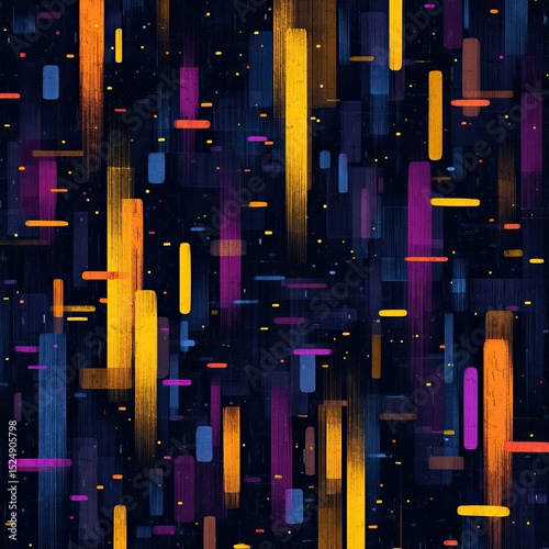 Abstract artwork featuring vibrant, vertical streaks of color on a dark background, interspersed with smaller dots of light