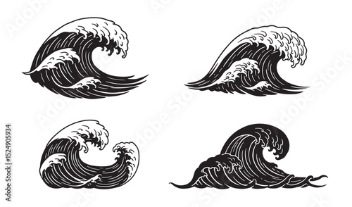 Set of four black and white ocean wave vector designs depicting water movement