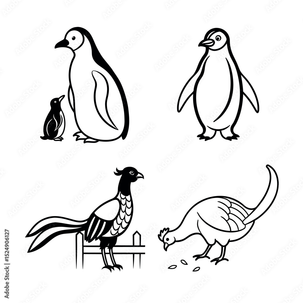 Naklejka premium Elegant Line Art Illustrations of Penguins, Pheasant, and Turkey