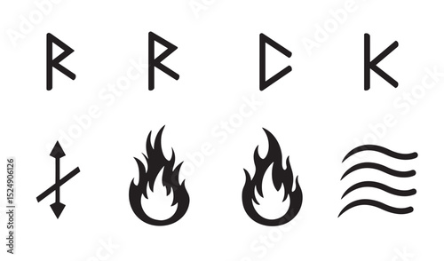 Ancient symbols of runes and elements in black silhouette style design