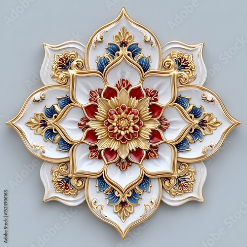 ornamental lotus mandala with intricate layers of gold blue and crimson high resolution image