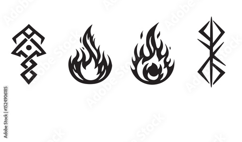 Stylized black and white symbols featuring flames and geometric designs for graphic elements