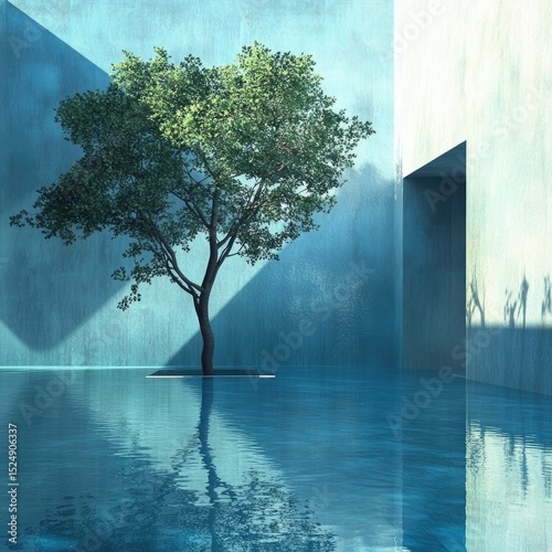 A lone tree thrives in a minimalist, blue-toned, indoor water-filled architectural space