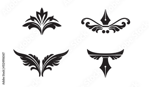 Elegant black silhouette decorative design elements with flourishes for creative projects