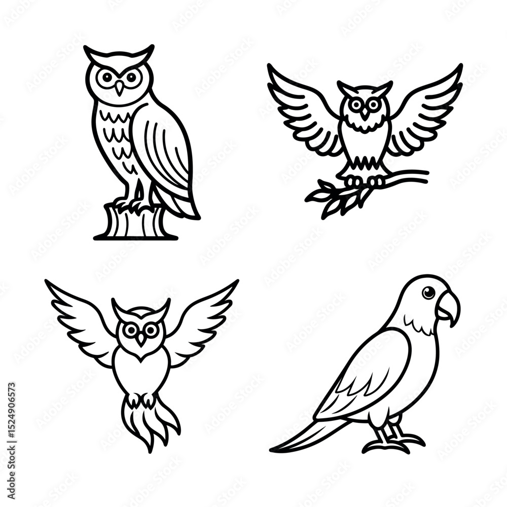 Obraz premium Elegant Owl and Parrot Line Art Illustrations Perfect for Logos, Designs, and More
