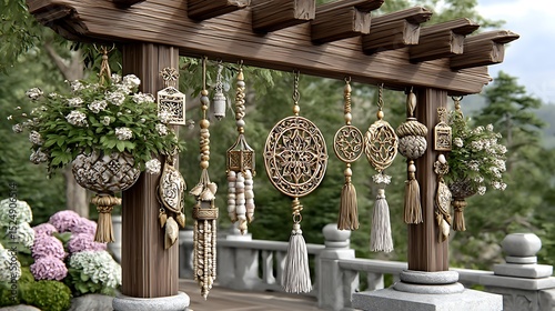 outdoor patio decoration with intricate tassels and carved ornaments suspended from wooden frame high resolution image