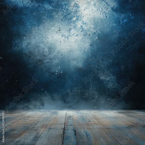 Moody blue backdrop with rustic wooden floor, ethereal lighting, and smoky atmosphere