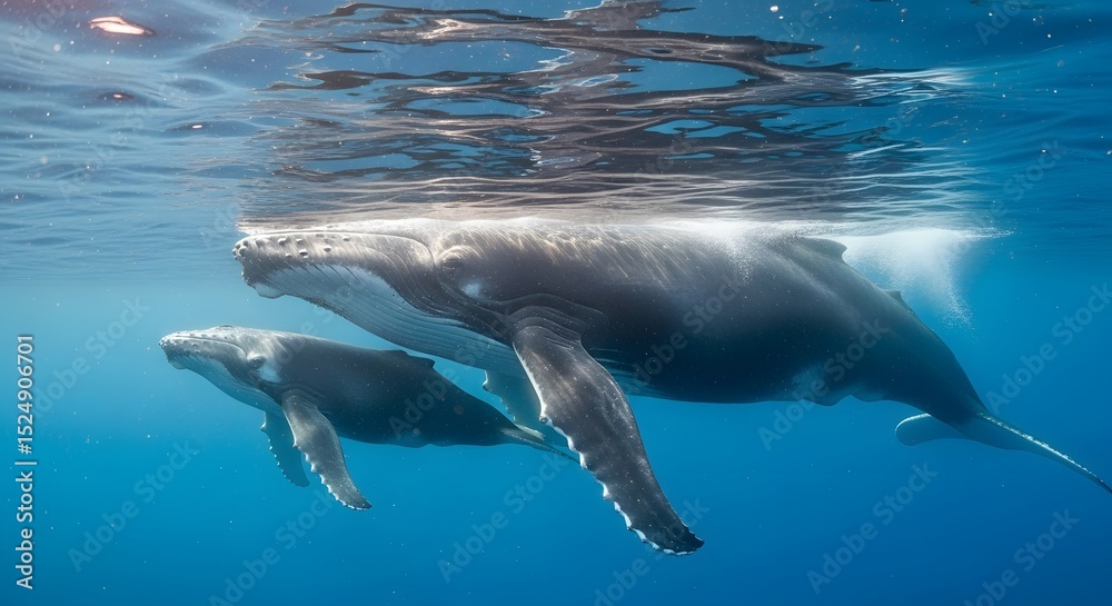 Naklejka premium Humpback Whale with Calf Swimming Underwater