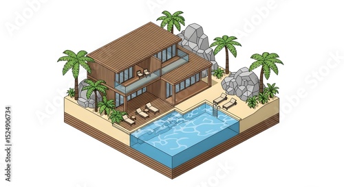 Isometric House with Swimming Pool on Tropical Beach