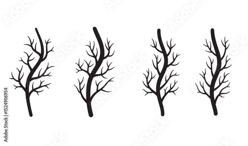 Four black silhouetted tree branches on a white background for creative design projects