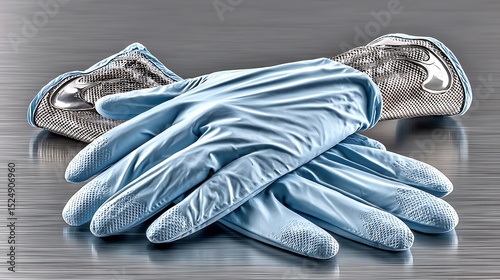 Protective disposable gloves resting on polished steel counter with medical tools around high resolution image