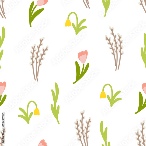 Seamless spring pattern with willows, tulips, and yellow bell flowers.